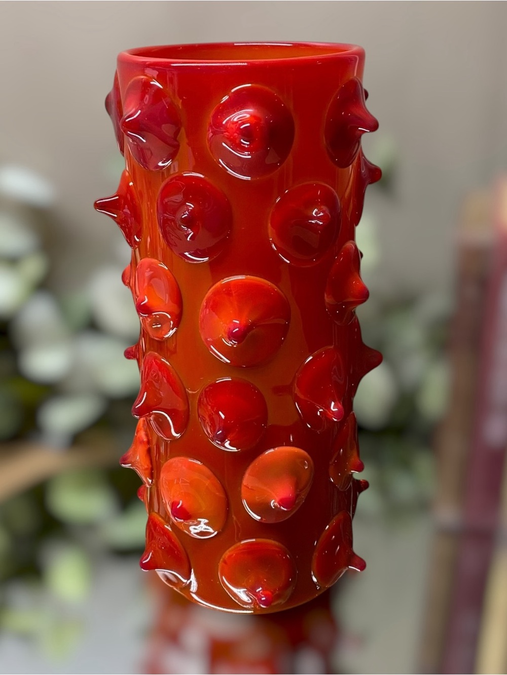 Vintage Large Applied Art Glass Vase Chunky 10 5/8” Tall Red Amberina Hand Blown